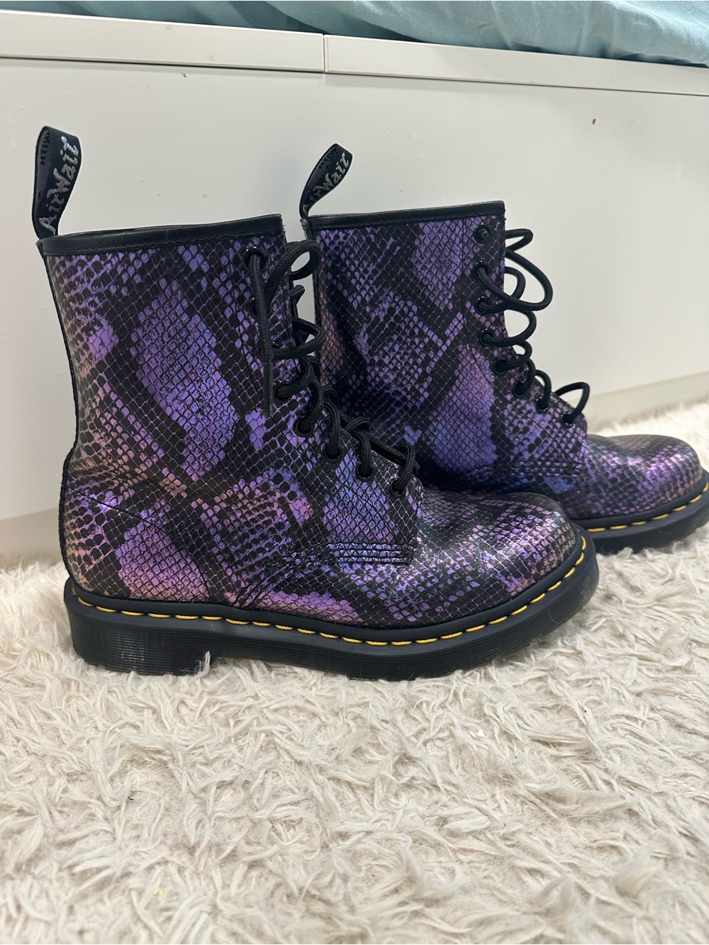 Dr. Martens Purple Snake Print 8-Eye Combat Boots